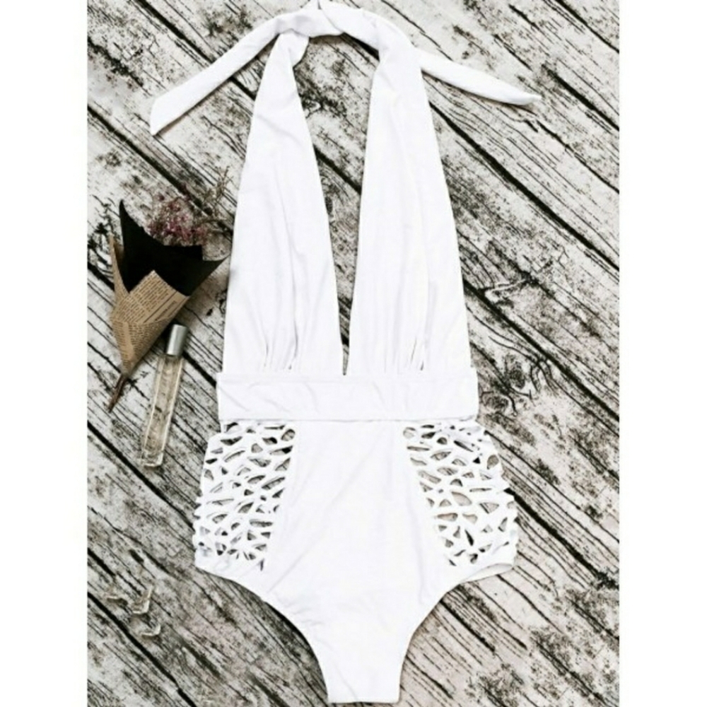 Sexy White laser cutout halter bathing suit